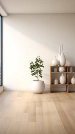 A bright and airy living room with a large window, a potted plant, and a shelf with vasesの素材