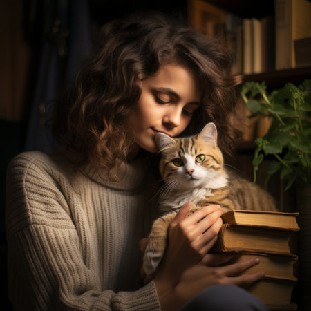 A young woman is holding a cat in a libraryの素材