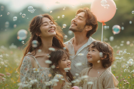Happy family of four in a field of flowers surrounded by bubblesの素材