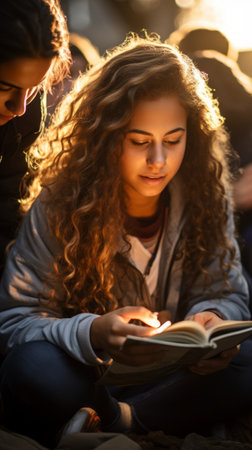Young woman reading a book outsideの素材