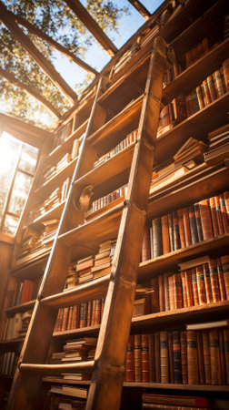 Wooden library ladder to reach the top shelf of books in a home library with a large windowの素材