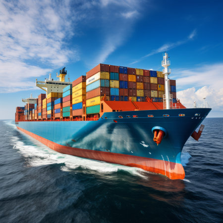 A large container ship is sailing on the ocean. The ship is carrying a variety of containers, including some that are refrigerated.の素材