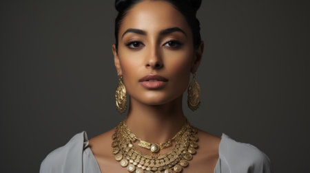 Portrait of a young woman wearing a traditional gold necklace and earrings.の素材