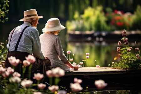 An elderly couple is sitting on a dock in a garden admiring the flowers.の素材