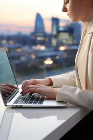 Businesswoman working on laptop in modern office with city viewの素材