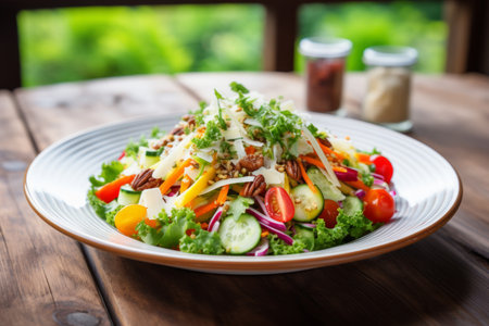 Salad with lettuce, cucumber, tomato, carrot, onion, and cheeseの素材