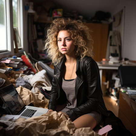 Portrait of a young woman sitting on a bed and looking at her laptop.の素材