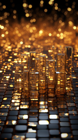 Abstract 3D rendering of a cityscape made of glass blocks with a glowing golden backgroundの素材