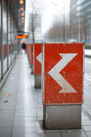 Red and white weathered directional signs on a sidewalkの素材