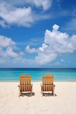 Two wooden beach chairs sit on a white sand beach with turquoise water and a blue sky in the backgroundの素材