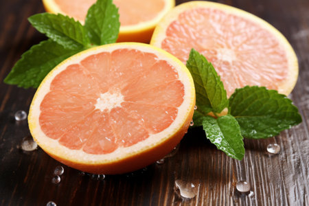 Close-up image of fresh grapefruit halves with mint leavesの素材