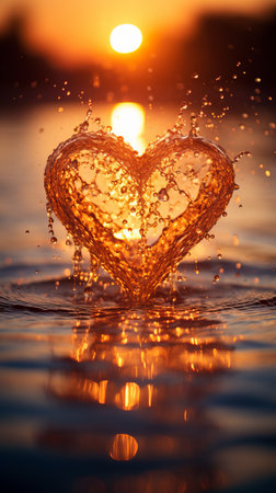 Heart-shaped water splash at sunsetの素材