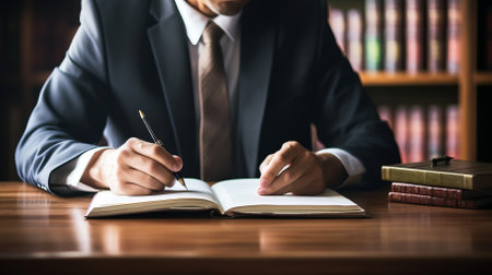 A man in a suit writing in a book with books on the tableの素材