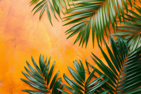 Green palm leaves on orange background. Summer tropical background with palm leaves. Exotic tropical foliage.の素材
