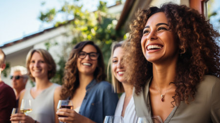 Four cheerful multiethnic women drinking wine and laughing together outdoorsの素材