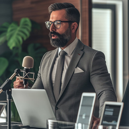Bearded man in suit at podium speaking into microphone with laptop and smartphone on tableの素材