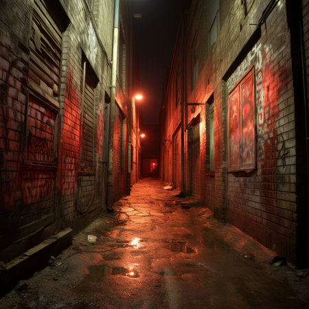 A dark and eerie alleyway with red lightsの素材