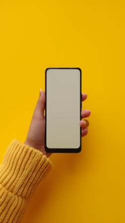 A hand holding a black smartphone with a blank screenの素材