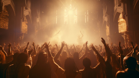 People dancing at a rave party with bright lights and smoke in the backgroundの素材