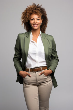 A young woman with curly hair wearing a green blazer and white blouse smiles at the cameraの素材