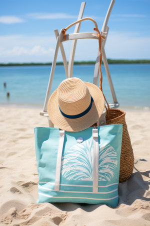 Beach tote bag with palm tree pattern and straw hat on the sandの素材