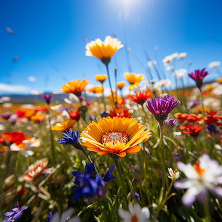 Close-up of a field of various wildflowers under the bright sunの素材