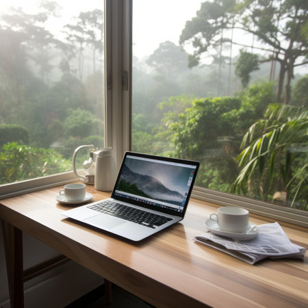 A laptop sits on a wooden table in front of a large window overlooking a lush green forest.の素材