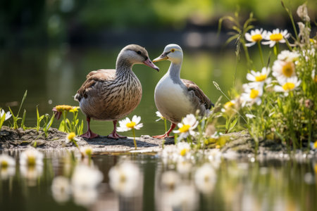 Two ducks standing on the edge of a pond surrounded by white daisiesの素材