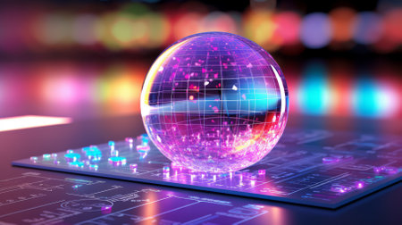 A glowing purple sphere sits on a circuit board.の素材