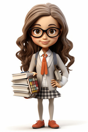 A cartoon image of a school girl holding booksの素材