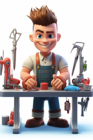 3D illustration of a cartoon handyman with toolsの素材