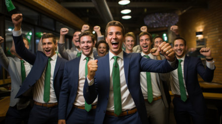 A group of young businessmen in suits celebrating their success with arms in the airの素材
