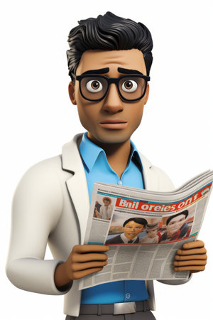 Illustration of a male doctor in a lab coat holding a newspaper with a headline that reads 'Bnil oreies ont?'の素材