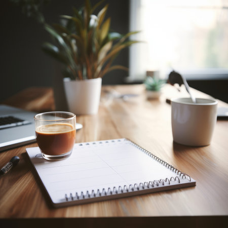 A desk with a laptop, a cup of coffee, a notebook, a pen and a plant on itの素材