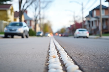 White pebbles marking the center of a residential street with parked cars on either sideの素材