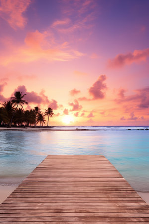 Wooden dock leading out into a tropical ocean at sunsetの素材