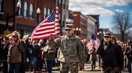 A soldier holding an American flag in a parade with people on both sides of the streetの素材
