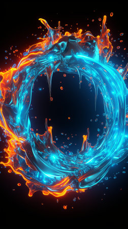 Blue and orange glowing abstract liquid ring of fire and waterの素材