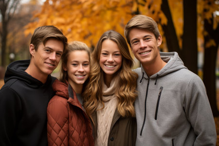 Four happy friends posing for a picture in a park with fall foliageの素材