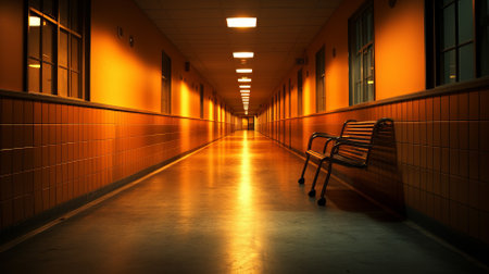 An empty hospital hallway with a single benchの素材