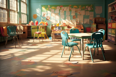 An Empty Classroom with Blue Chairs and a Tableの素材