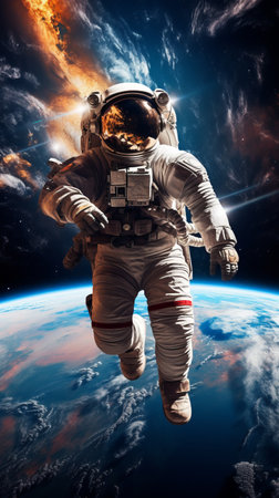 Astronaut in a spacesuit floating in the vastness of space with a planet in the backgroundの素材
