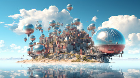 A floating steampunk city with airships and reflective buildingsの素材