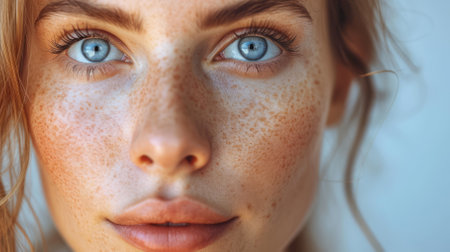Close-up portrait of a young caucasian woman with freckles and blue eyesの素材