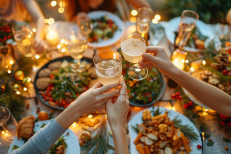 Friends toasting champagne glasses at a holiday dinner partyの素材