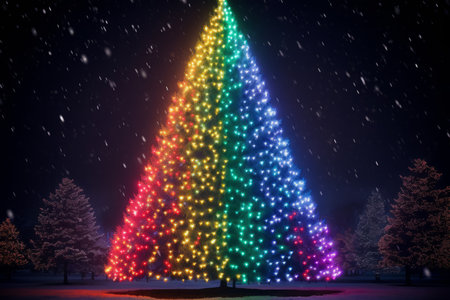 A large rainbow Christmas tree stands in a snowy forest at night.の素材