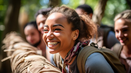 Smiling woman with friends in the backgroundの素材