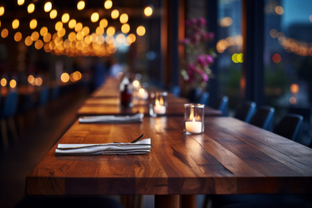 Elegant restaurant interior with a long wooden table set for a dinner partyの素材
