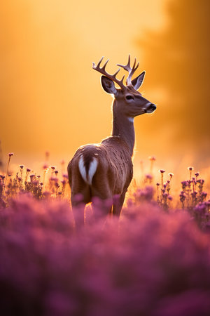 A solitary deer stands in a field of purple flowers at sunsetの素材