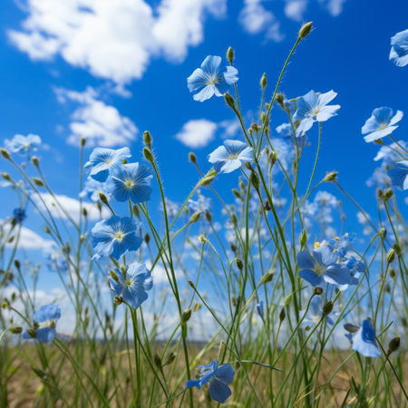 Blue flax flowers in a fieldの素材